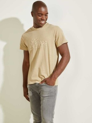 Beige Guess Classical Embroidered Logo Men's T-Shirts | 9615-UFGBK
