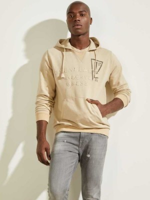 Beige Guess Eco Murray Logo Men's Hoodies | 4853-CDFGJ