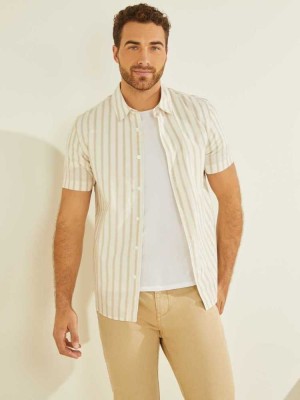 Beige Guess Falls Striped Men's Shirts | 9031-TAPJL