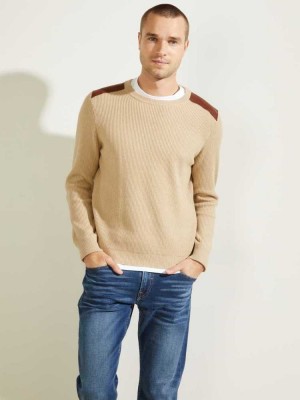 Beige Guess Liam Leather Patch Men's Sweaters | 0314-IMBEY