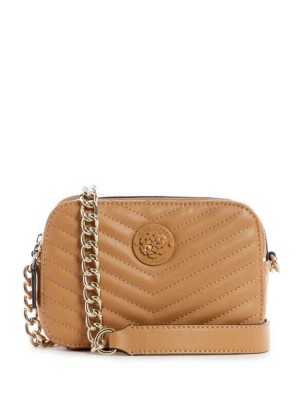 Beige Guess Noelle Quilted Camera Women's Crossbodies | 3610-KMPXT
