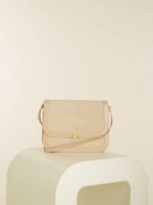 Beige Guess Thea Medium Flap Leather Women's Crossbodies | 5413-SVMXZ