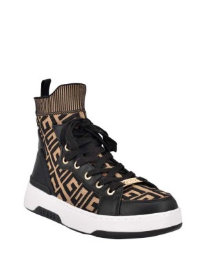 Black Brown Guess Manney Knit Logo High-Top Women's Sneakers | 1367-IRBSW