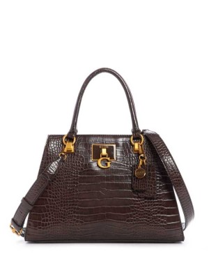 Black Brown Guess Stephi Croc Girlfriend Women's Satchels | 5106-NBVFR