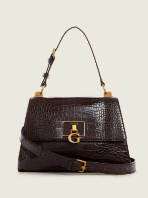 Black Brown Guess Stephi Top-Handle Flap Women's Crossbodies | 4652-HBTVQ