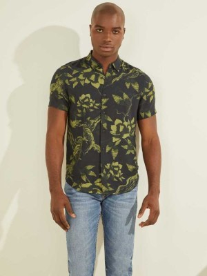 Black Green Guess Eco Rayon Forest Men's Shirts | 4672-DWJPA