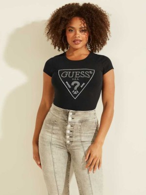 Black Guess Amalur Logo Women's T-Shirts | 9142-CHXYF