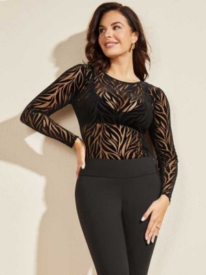 Black Guess Arlene Velour Mesh Top Women's Tops | 0852-SIYAB