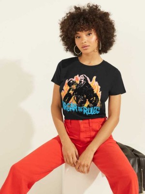 Black Guess Break Rules Graphic Women's T-Shirts | 7068-ILTNA