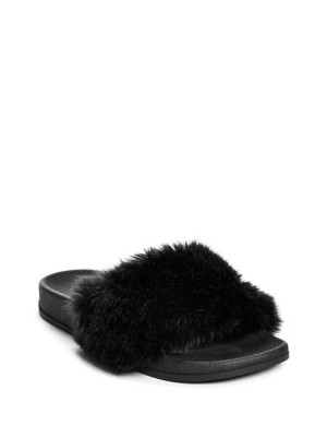 Black Guess Buffie Leopard Faux-Fur Slide Women's Slide Sandals | 1649-VMCPW