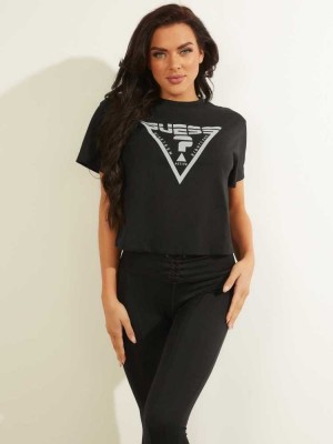 Black Guess Caren Cropped Women's T-Shirts | 3819-ETIGM