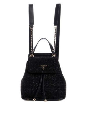 Black Guess Cessily Tweed Flap Women's Backpacks | 4029-ZMLSE