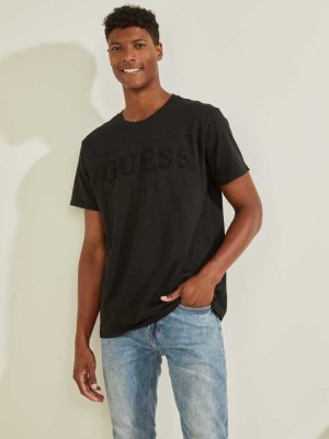Black Guess Chenille Logo Men's T-Shirts | 5230-FGMPQ