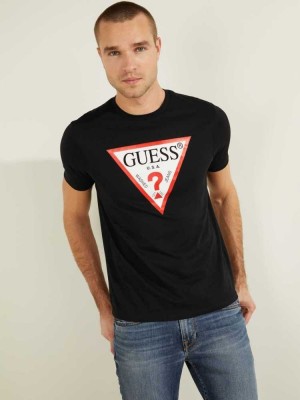 Black Guess Classic Logo Men's T-Shirts | 7530-FCUOG