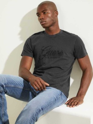 Black Guess Classical Embroidered Logo Men's T-Shirts | 9678-AROHG