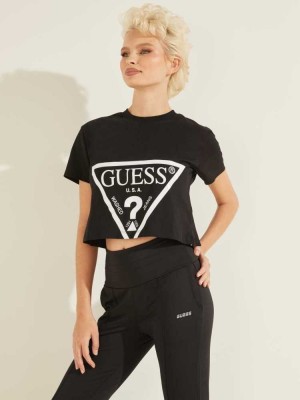 Black Guess Cropped Logo Women's T-Shirts | 8953-OAHSL