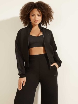 Black Guess Cropped Scuba Logo Zip-up Women's Jackets | 6158-VPXQK