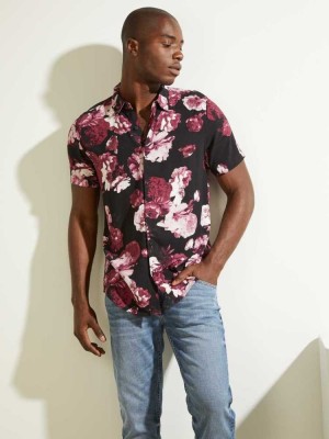 Black Guess Eco Blackout Floral Men's Shirts | 6052-FAGSL