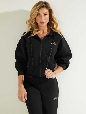 Black Guess Eco Caren Scuba Zip-Up Women's Hoodies | 3768-LNZPK