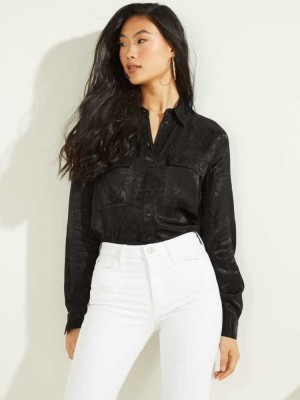 Black Guess Eco Daphne Women's Shirts | 7920-QMXUJ