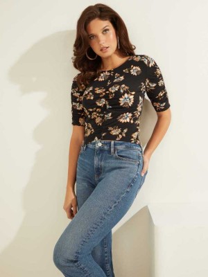 Black Guess Eco Kerri Ruched Top Women's Tops | 6902-PAIEY