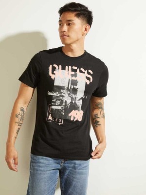 Black Guess Eco LA Scenic Men's T-Shirts | 9482-XALQD