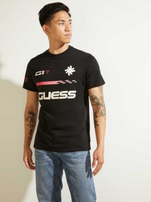 Black Guess Eco Racer Logo Men's T-Shirts | 7529-RPUZL