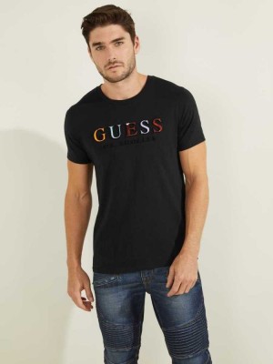 Black Guess Embossed Logo Men's T-Shirts | 1345-KLSYH