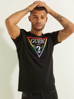 Black Guess Embroidered Rainbow Logo Men's T-Shirts | 8754-KOBGC