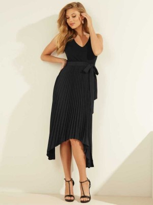 Black Guess Erynn Pleated Women's Dresses | 7623-KLZOY