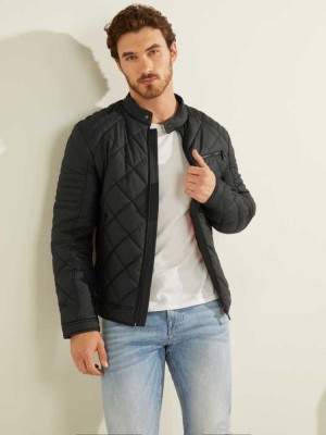Black Guess Faux-Leather Quilted Moto Men's Jackets | 9417-SLCXF