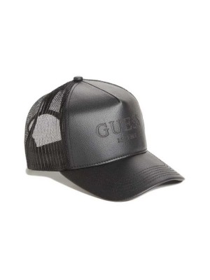 Black Guess Faux-Leather Trucker Men's Hats | 3612-ZXCKE