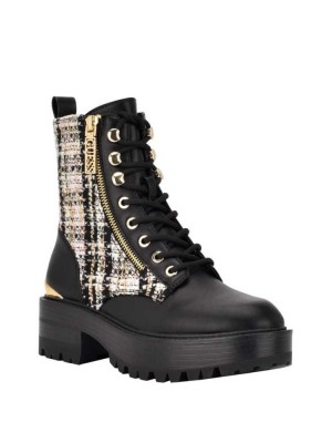 Black Guess Fearne Tweed Combat Women's Boots | 4019-LKSOP