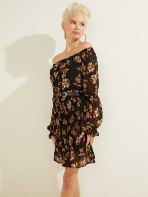 Black Guess Felice Smocked Women's Dresses | 2534-IOZHR