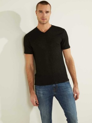 Black Guess Gauze V-Neck Men's T-Shirts | 6485-OLKZY