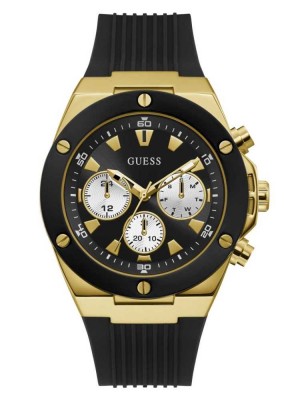 Black Guess Gold-Tone And Black Chrono-Look Multifunction Men's Watches | 4839-WRYLN