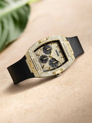Black Guess Gold-Tone Crystal Multifunction Men's Watches | 4372-JGVKD