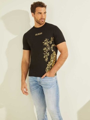 Black Guess Gold Tiger Men's T-Shirts | 0864-BXAJG