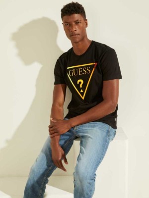 Black Guess Hologram Logo Men's T-Shirts | 2947-XKRHF