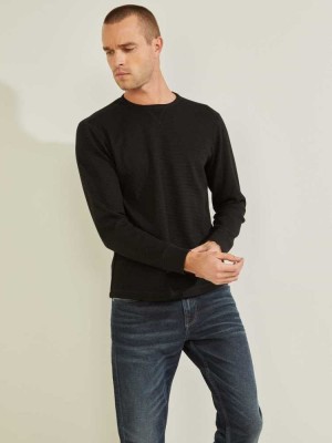 Black Guess Hudson Waffle Men's T-Shirts | 4016-SZKHY