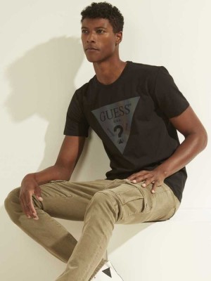 Black Guess Iridescent Logo Graphic Men's T-Shirts | 4869-LYPTG