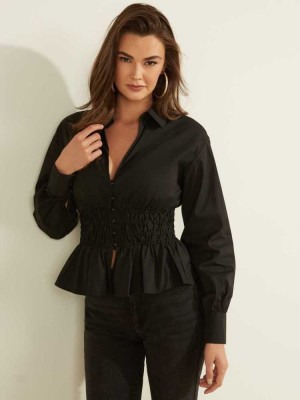 Black Guess Jane Shirred Women's Blouse | 9817-SMAVO
