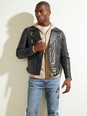 Black Guess Leather Biker Men's Jackets | 2485-RBUSC