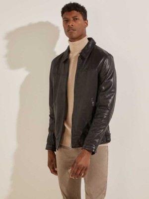 Black Guess Leather Trucker Men's Jackets | 6145-ZOGRK
