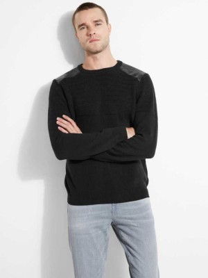 Black Guess Liam Herringbone Contrast Men's Sweaters | 2104-XZTKQ