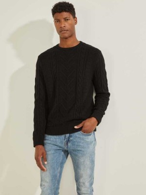 Black Guess Liam Mixed Cable Men's Sweaters | 9061-QZDWN