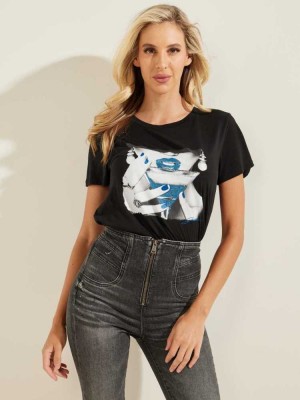 Black Guess Martini Girl Easy Women's T-Shirts | 0324-YOCBL