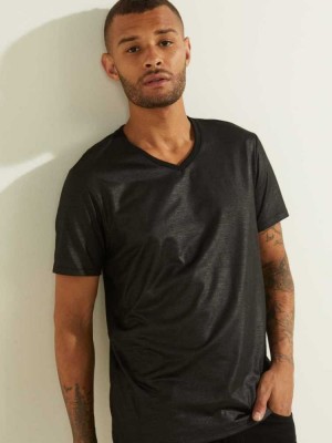Black Guess Mason Yoke V-Neck Men's T-Shirts | 2196-CUEKV