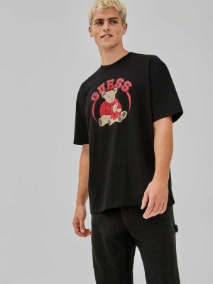 Black Guess Originals Bear Men's T-Shirts | 1370-MRACN