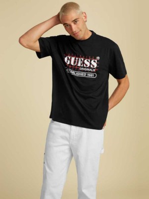 Black Guess Originals Grid Men's T-Shirts | 1649-QXGPL